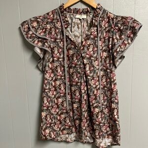 NWT Floral Entro Top Blouse Shirt Large Brown & Cream V Neck New With tags